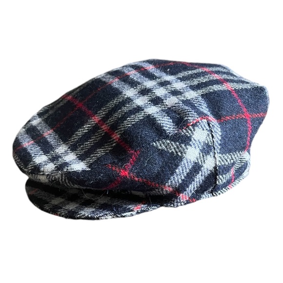 BURBERRYS Cap VINTAGE Blue Gray Black White Red Wool Tartan Newsboy Hat Size XL - Picture 9 of 10